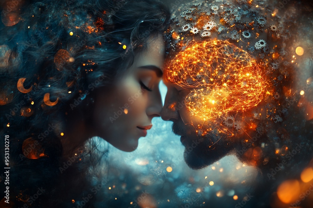 Poster surreal digital art of a couple with cosmic neural patterns representing the deep and mystical conne