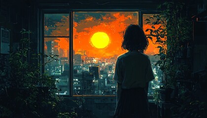 A nostalgic and atmospheric scene perfect for Halloween, featuring a girl gazing at a mesmerizing sunset view through a window, with copy space.