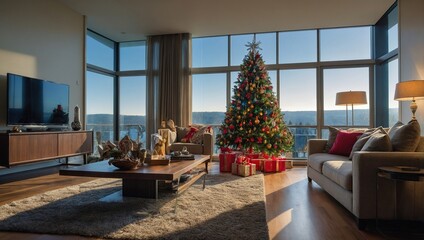 Stylish interior of living room with decorated Christmas tree