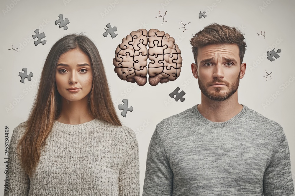 Poster minimalist digital portrait of a couple with floating neural symbols representing the intellectual c