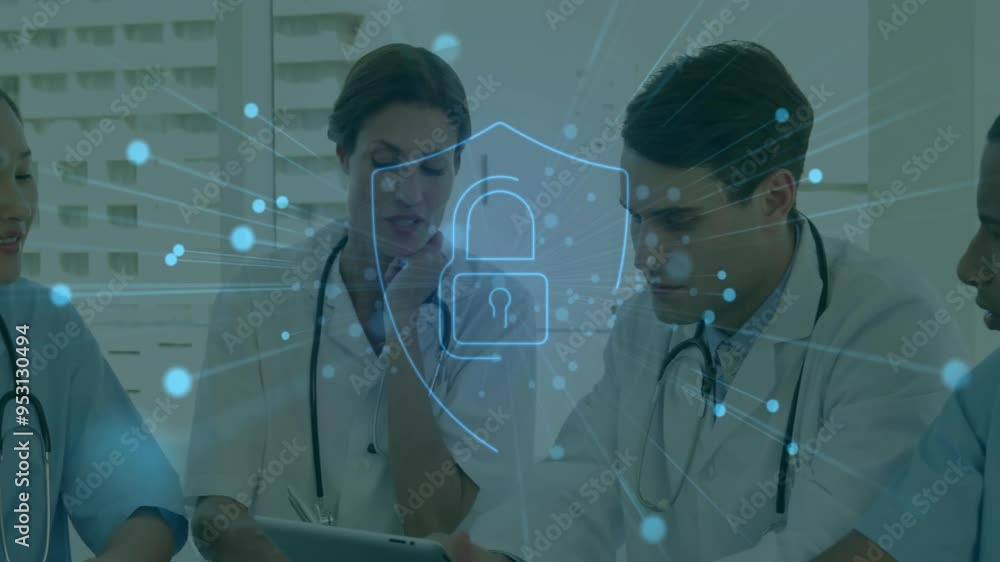 Poster discussing patient data on tablet, doctors with cybersecurity lock animation overlay