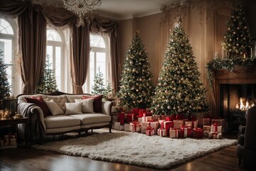 Stylish interior with beautiful Christmas tree 