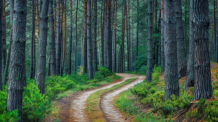 Obraz premium a tranquil forest path winding through a grove of tall, majestic pines