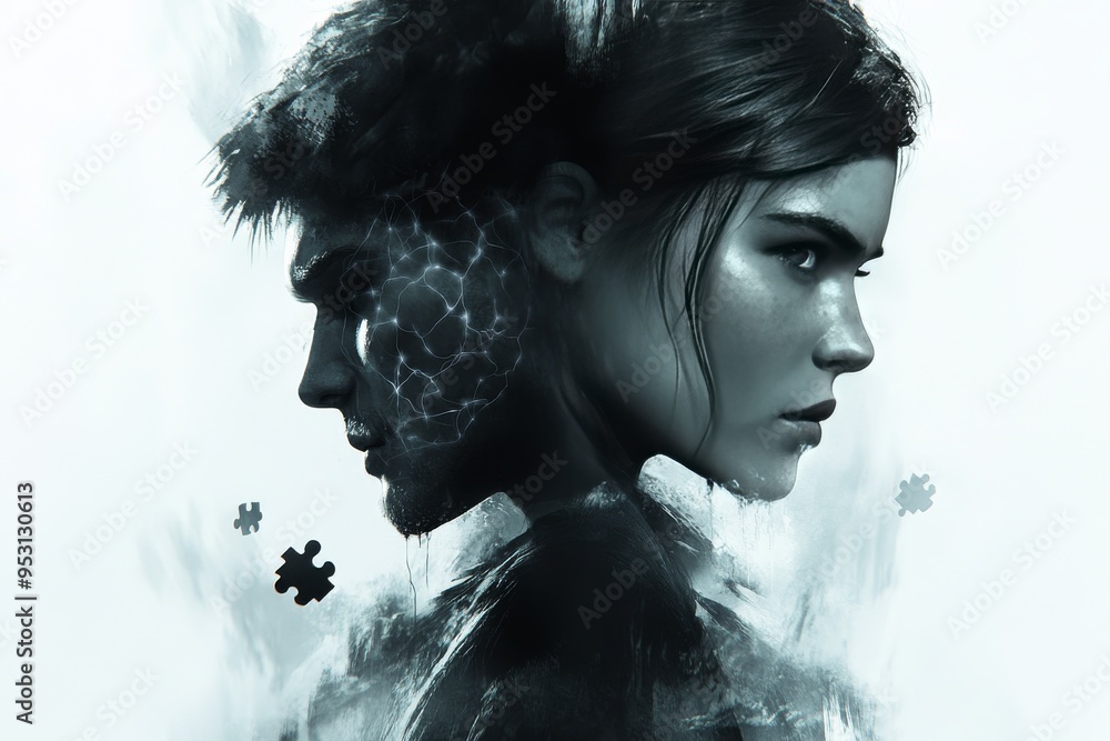 Poster moody digital art of a woman with fragmented neural patterns representing the disconnection and comp