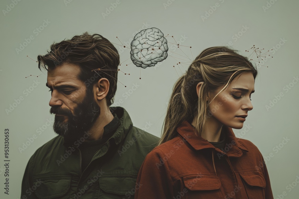Poster rustic digital portrait of a couple with neural and puzzle elements symbolizing the intricate and in