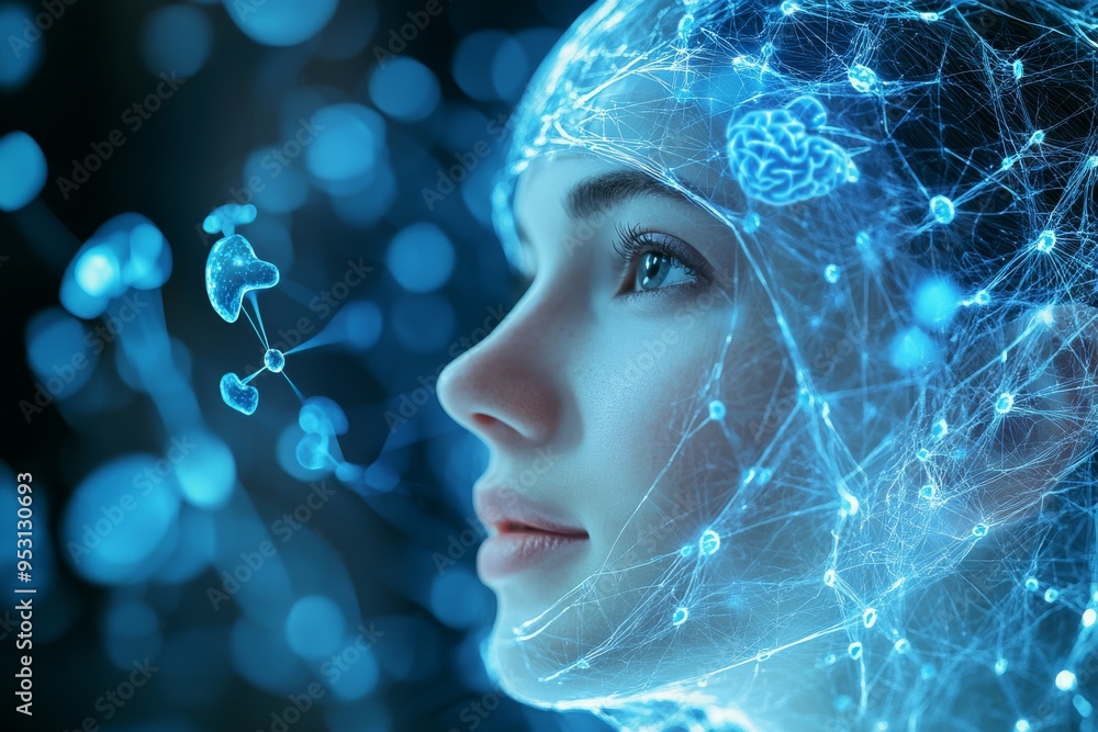 Poster futuristic digital portrait of a woman with glowing neural networks exploring the fusion of technolo