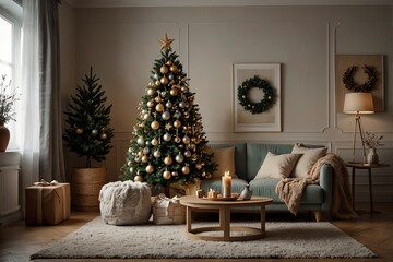 Stylish living room interior with decorated Christmas tree and comfortable sofa
