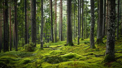 a tranquil forest with tall, slender trees and a carpet of soft moss
