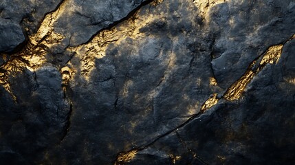 A close-up of a dark, cracked surface with veins of glittering gold.