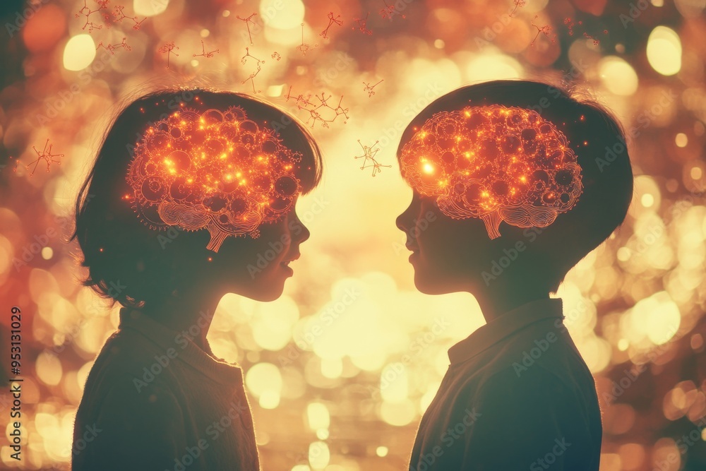 Poster love and connection silhouettes of two individuals with brains illuminated in warm colors highlighti
