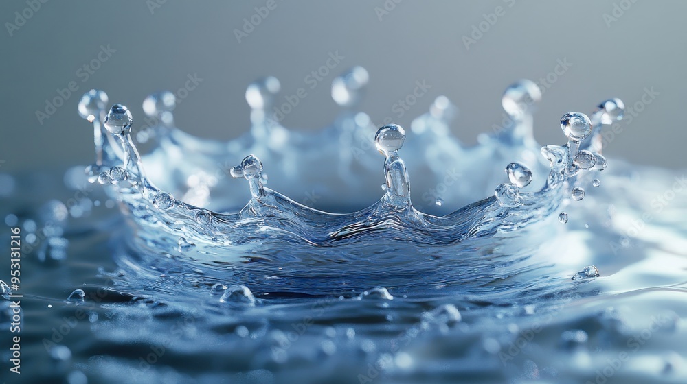Poster 3d render of a blue liquid rounded water splash splashing crown element isolated on a white backgrou