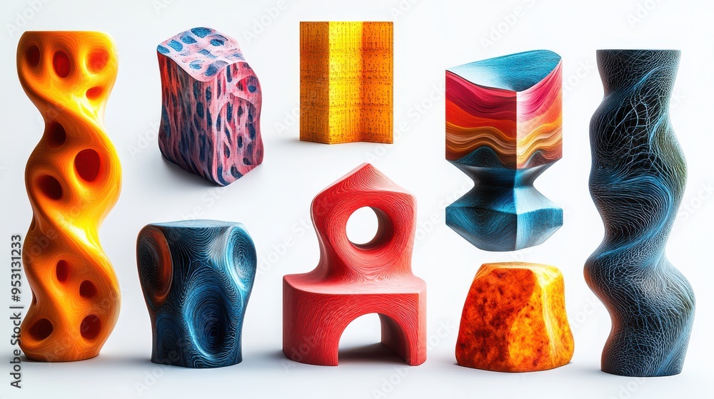 Poster 3d render set of assorted abstract colorful volumetric doodles and simple geometric shapes isolated 