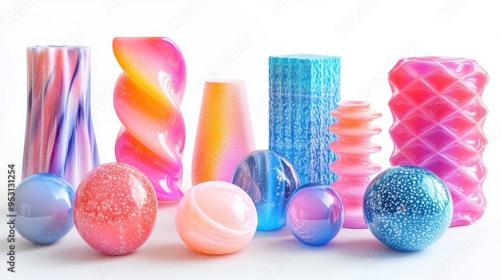 Poster 3d render set of assorted abstract colorful volumetric doodles and simple geometric shapes isolated 