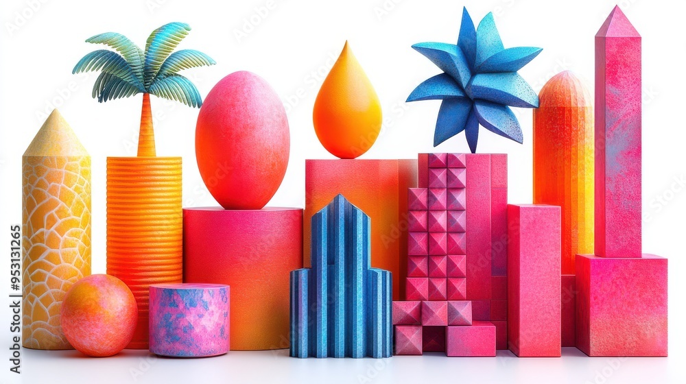Poster 3D render set of assorted abstract colorful volumetric doodles and simple geometric shapes isolated on a white background.
