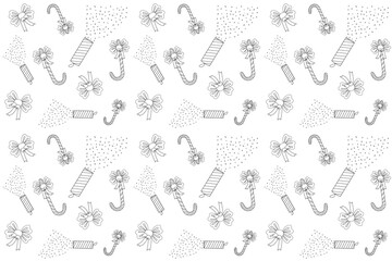 Festive Christmas coloring page featuring bows, candy canes, and clappers. Perfect for holiday crafts and creative activities.