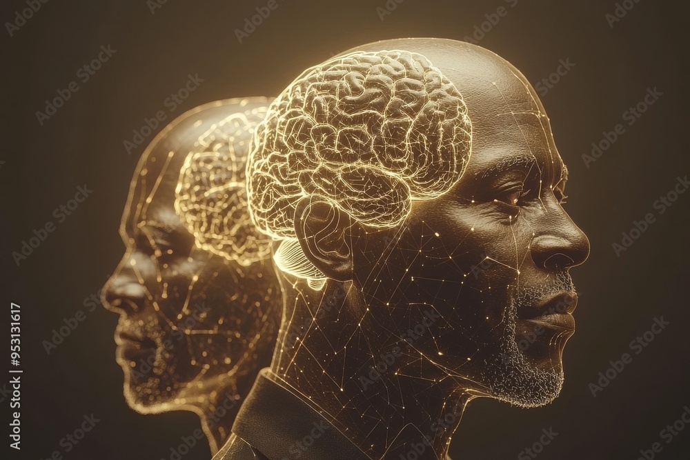 Poster relationship positivity golden figures of a diverse group of people with interconnected brains symbo