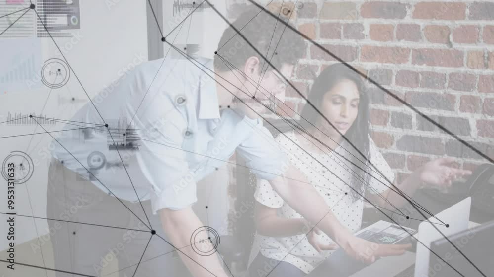Aufkleber network connections and data processing animation over coworkers discussing in office