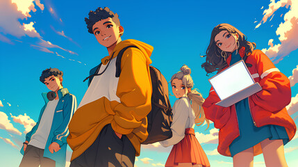 A group of young people in cool trendy clothes carrying laptops. Anime style
