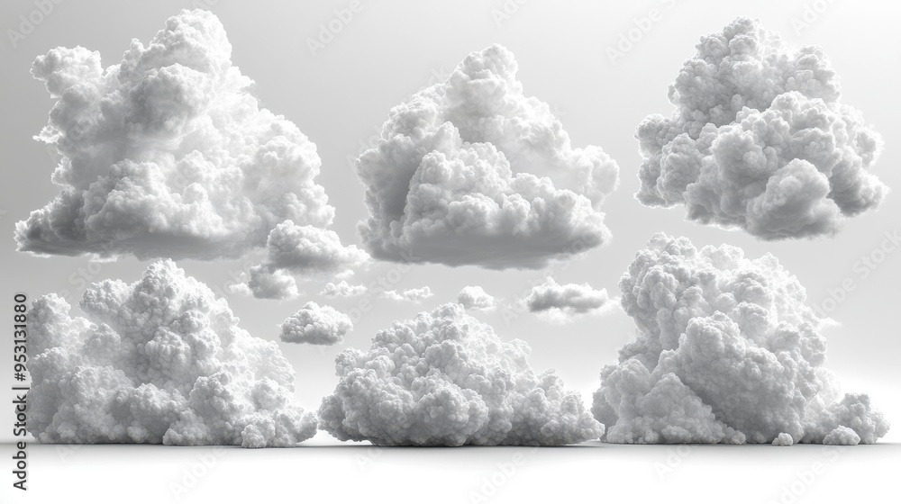 Poster 3d render of abstract white cumulus clouds shapes from different perspective views isolated on a whi