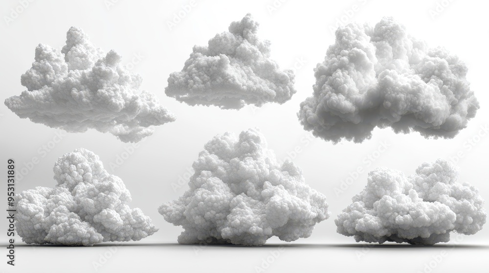 Poster 3d render of abstract white cumulus clouds shapes from different perspective views isolated on a whi