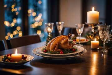 Obraz premium Table served for Christmas dinner in living room, close up view