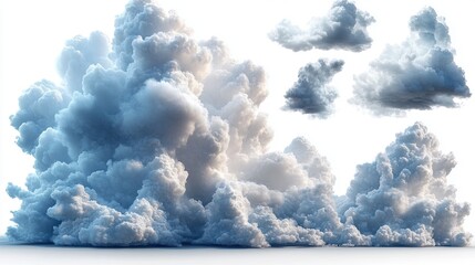 3D render of abstract white clouds clip art isolated on white background different perspective views of cumulus shapes