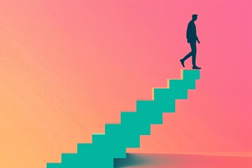 A Person Climbing a Staircase Made of Blocks, Each Labeled with Different Stages of Progress Towards Success on a Solid Pastel Background