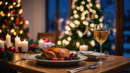 Table served for Christmas dinner. Living room decorated with lights and Christmas tree