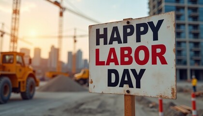 Happy Labor Day message set against a construction site background for celebratory use.