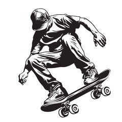 Black and White Vector Image of a Man Performing Skateboard Tricks on White Background