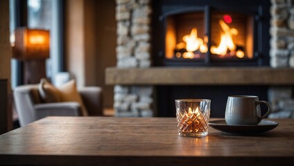 Table top with blurred fireplace and cosy home interior background