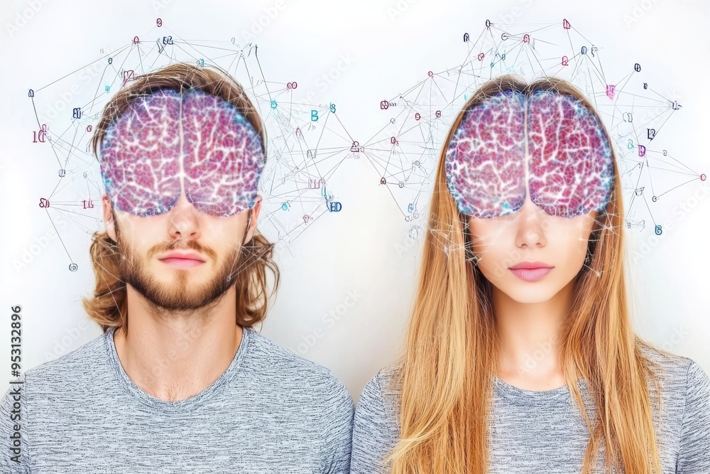Poster heart brain connection young couple with brain graphics overlaid on their faces highlighting the int