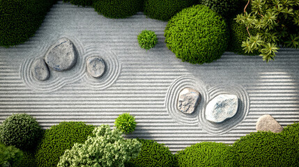 Top view of Zen garden with the stones and white sand pattern minimal scene in the Japanese garden