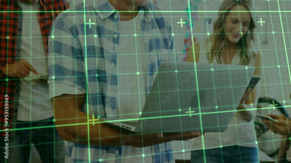 Poster grid pattern and data points animation over people using laptop