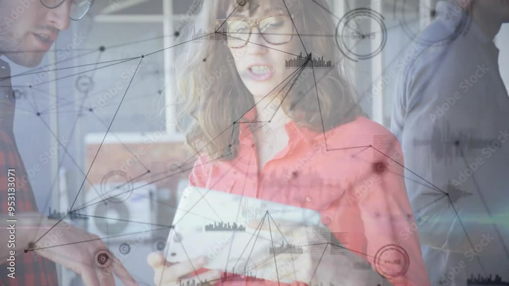 Poster analyzing data and graphs animation over business people working in office