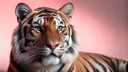 Fototapeta premium Regal Amur tiger on neutral background.Banner on the theme of protection and conservation of rare animals.Wild beautiful animal and free space