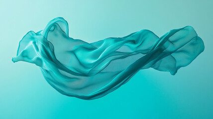 Obraz premium Elegant teal fabric flowing gracefully in mid-air, creating a serene visual effect against a pale background