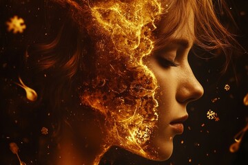 Emotional intelligence Fiery close up of a womans face partially disintegrating into sparks representing the intense emotional release and transformation
