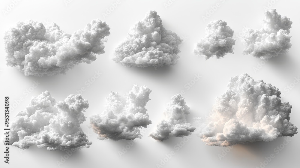 Poster 3d render of abstract white cumulus clouds shapes from different perspective views isolated on a whi