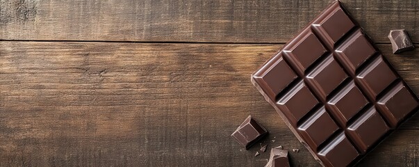 Top view of a dark chocolate bar with broken pieces on a rustic wooden table, showcasing rich and indulgent chocolate.