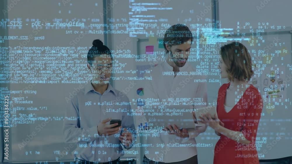 Poster programming code animation over business people using digital devices in office