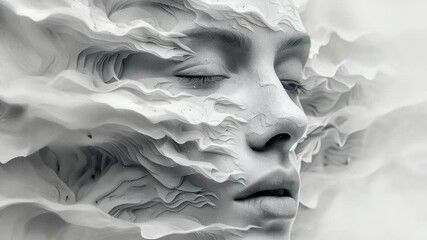 A surreal exploration of a woman's face blending into flowing textures in a monochromatic design