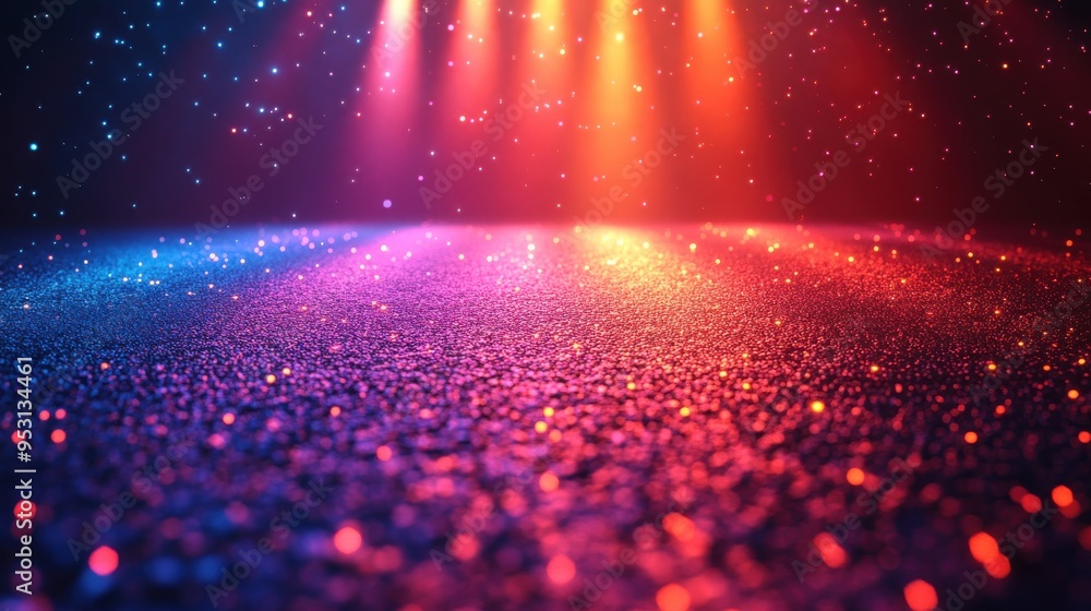 Poster 3d abstract image of disco lights with glowing neon light and lens flare effect shining rays over a 