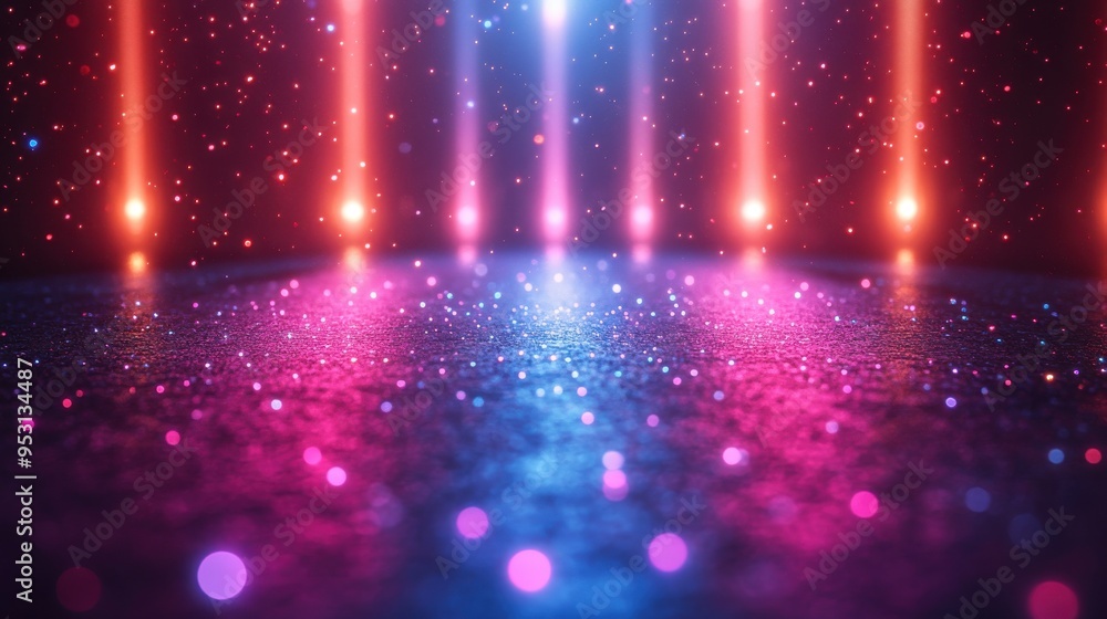 Poster 3d abstract image of disco lights with glowing neon light and lens flare effect shining rays over a 