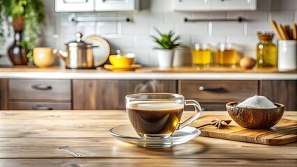 Freshly brewed ketogenic coffee with melted butter and coconut oil in a cup on a wooden table in a modern kitchen