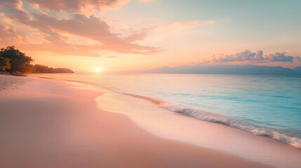 Fototapeta premium Stunning Beach Sunset with Golden Sand and Calm Ocean Waves