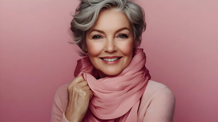 Fototapeta premium Smiling Senior Woman with Short Gray Hair Wearing a Pink Scarf - Portrait of a Woman in Her 60s - Mature Beauty, Confidence, and Elegance