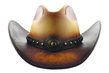 A brown leather cowboy hat with a decorative band and buckle.