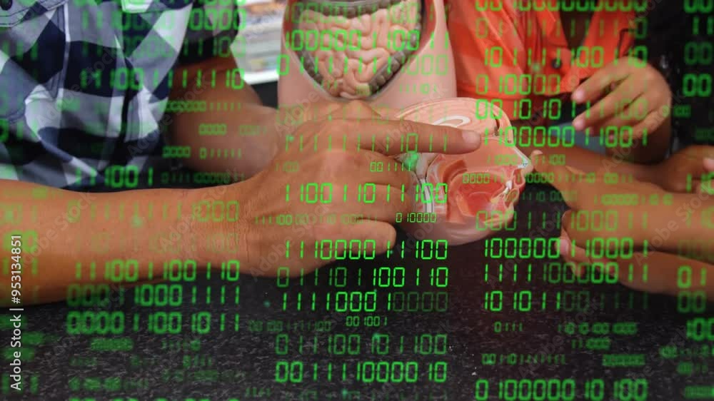 Poster examining anatomical brain model, people with binary code animation overlay