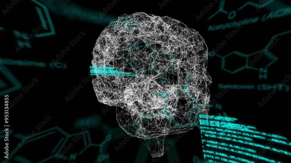 Poster brain neural network animation over chemical formulas and data processing